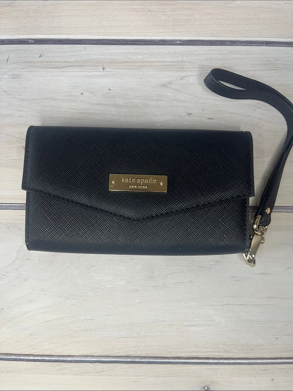 kate spade Black Saffiano Wristlet Clutch with Gold Plaque